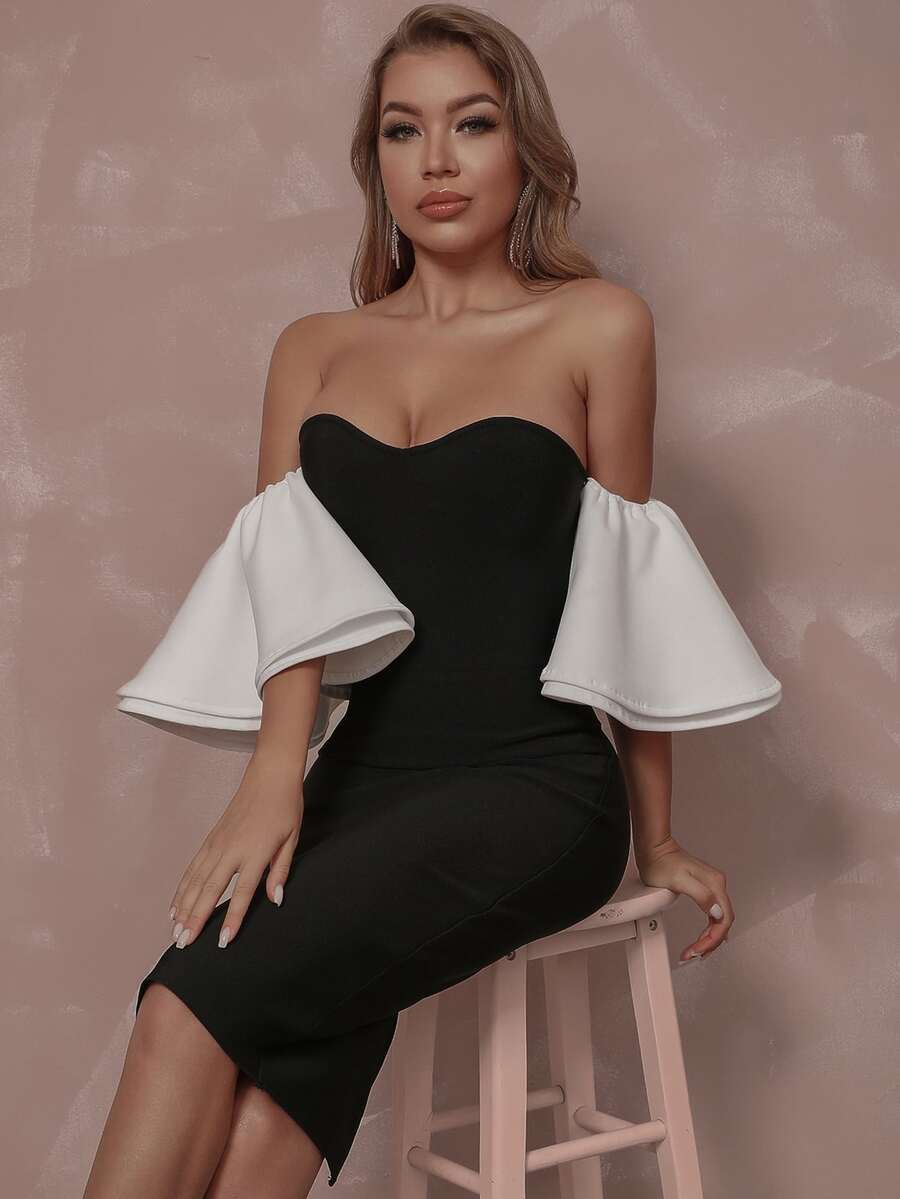 Off Shoulder Butterfly Sleeve Bandage Dress - Black - View 1