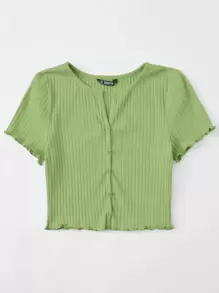 SHEIN EZwear Camiseta con botón delantero ribete en forma de lechuga tejido de canalé - verde menta - Ver 3