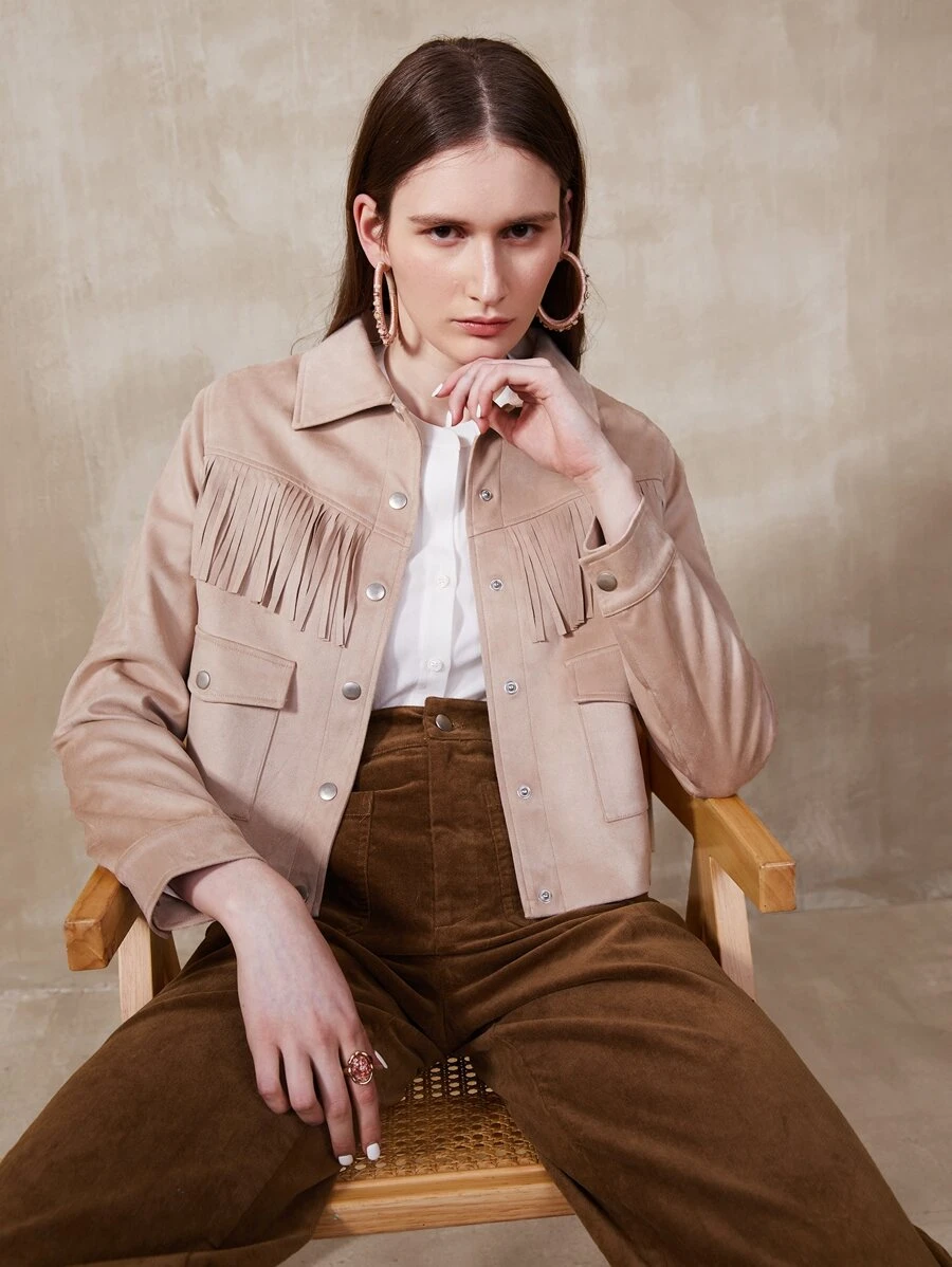 SHEIN Essnce Suedette Fringe Crop Jacket - Apricot - View 1