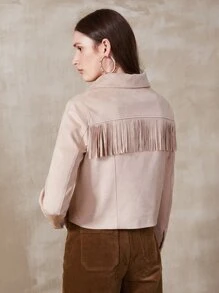 SHEIN Essnce Suedette Fringe Crop Jacket - Apricot - View 2