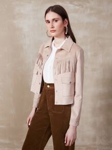 SHEIN Essnce Suedette Fringe Crop Jacket - Apricot - View 3
