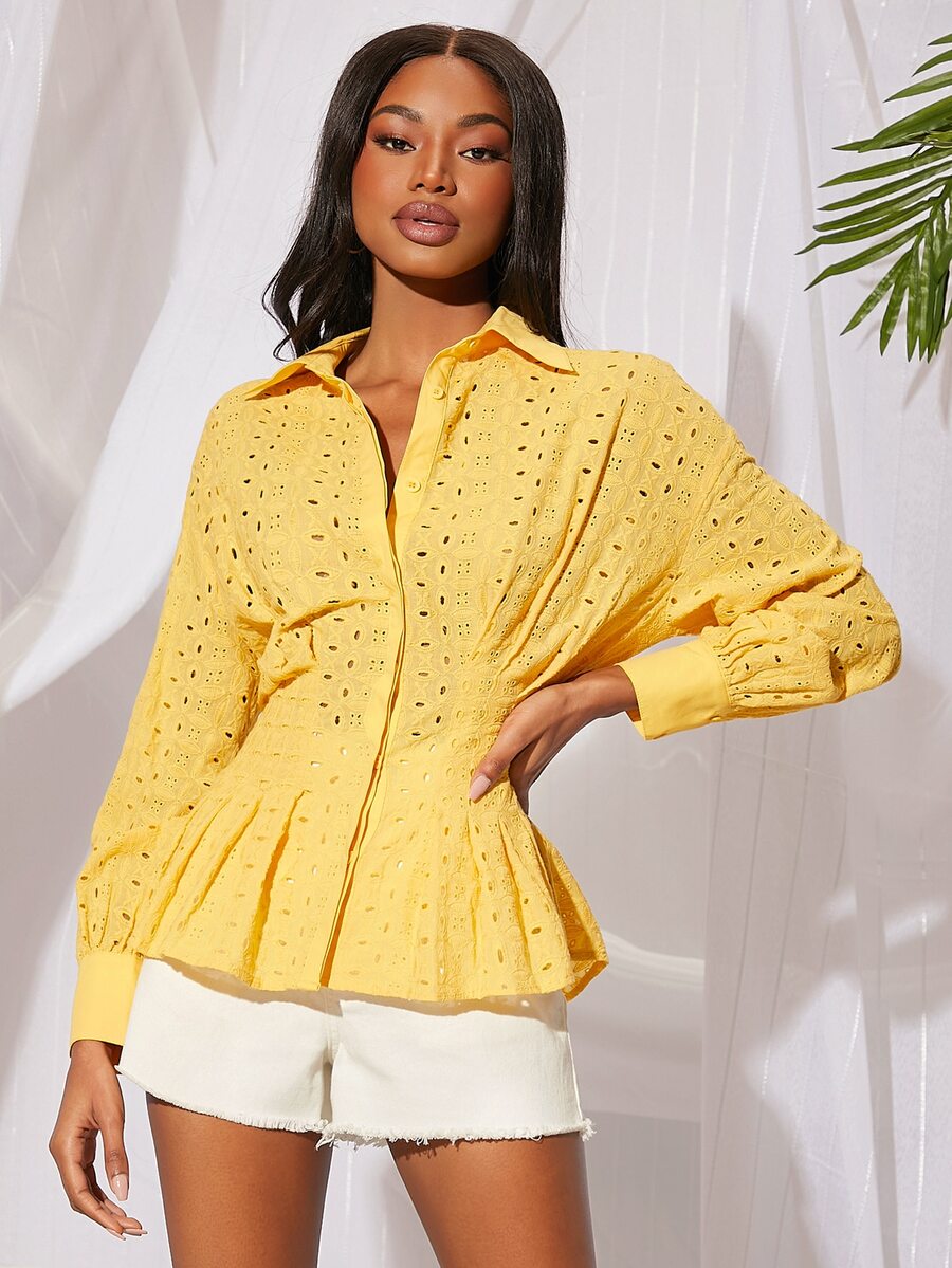 SHEINNeu Lantern Sleeve Ruffle Hem Schiffy Shirt - Yellow - View 1