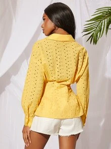 SHEINNeu Lantern Sleeve Ruffle Hem Schiffy Shirt - Yellow - View 2