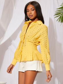 SHEINNeu Lantern Sleeve Ruffle Hem Schiffy Shirt - Yellow - View 3