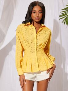 SHEINNeu Lantern Sleeve Ruffle Hem Schiffy Shirt - Yellow - View 5