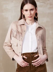 SHEIN Essnce Suedette Fringe Crop Jacket - Apricot - View 6