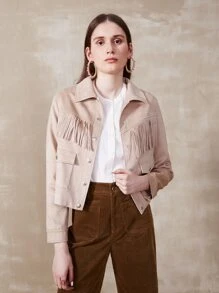 SHEIN Essnce Suedette Fringe Crop Jacket - Apricot - View 7