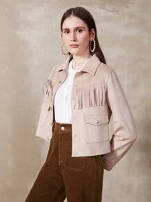 SHEIN Essnce Suedette Fringe Crop Jacket - Apricot - View 8