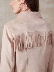 SHEIN Essnce Suedette Fringe Crop Jacket - Apricot - View 10