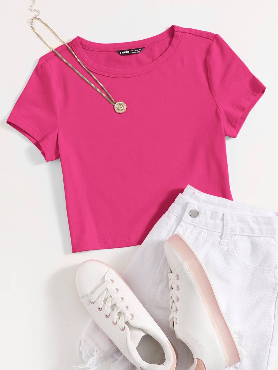 SHEIN EZwear 休闲百搭纯色圆领短袖 T 恤 - 玫紅色 - 查看 1