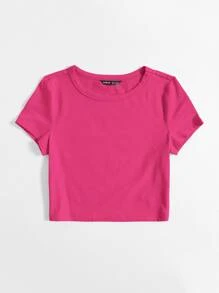 SHEIN EZwear 休闲百搭纯色圆领短袖 T 恤 - 玫紅色 - 查看 3