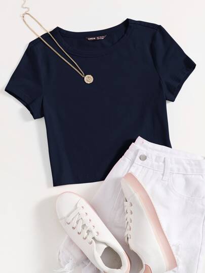 SHEIN EZwear 混色针织纯色 T 恤