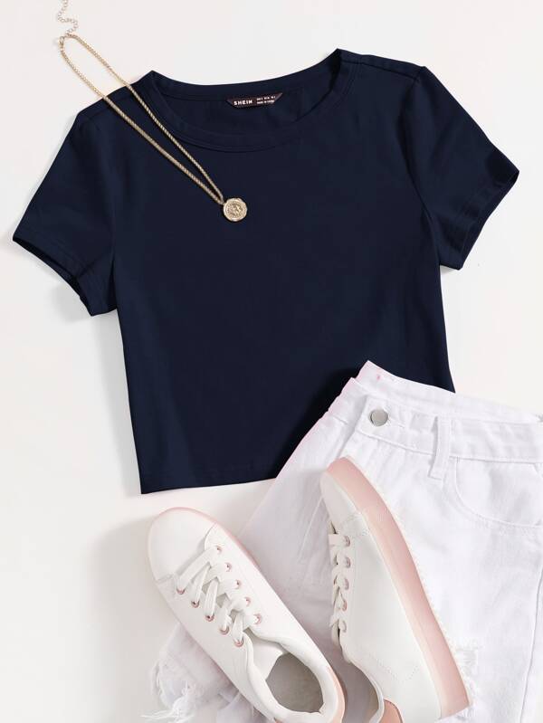 SHEIN EZwear 混色针织纯色 T 恤