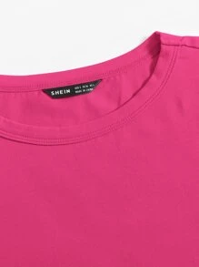 SHEIN EZwear 休闲百搭纯色圆领短袖 T 恤 - 玫紅色 - 查看 5
