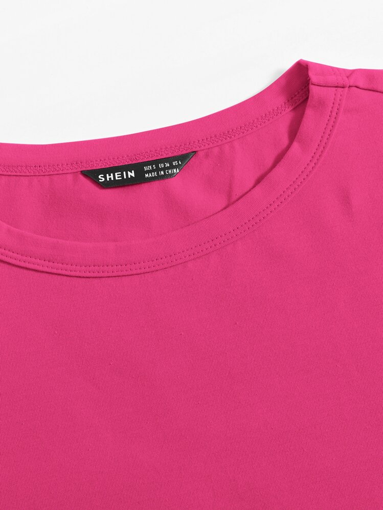 SHEIN EZwear 休闲百搭纯色圆领短袖 T 恤 - 玫紅色 - 查看 5
