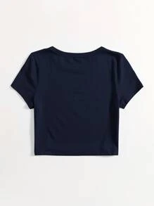 SHEIN EZwear 混色针织纯色 T 恤 - 藏蓝色 - 查看 2