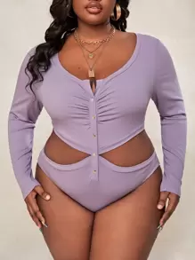 Slaydiva Plus Ruched Bust Cutout Button Front Bodysuit - Lilac Purple - View 5