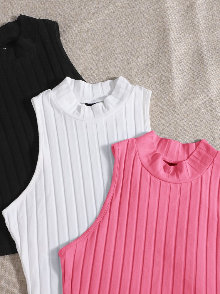 SHEIN EZwear 3 Packs Mock Neck Rib-Knit Tank Top - Multicolor - View 3