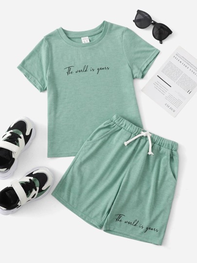 SHEIN 小男童標語袖抽繩睡衣套裝