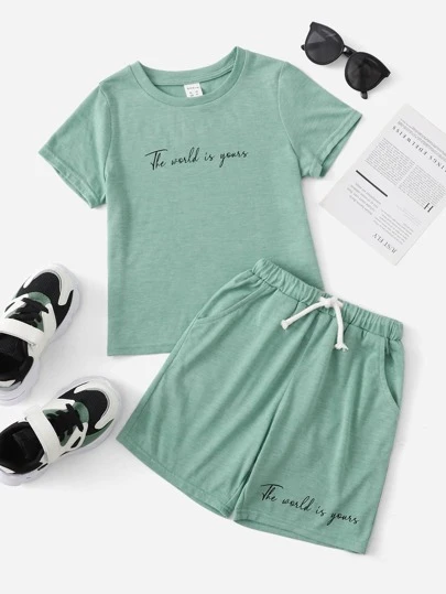 SHEIN 小男童標語袖抽繩睡衣套裝