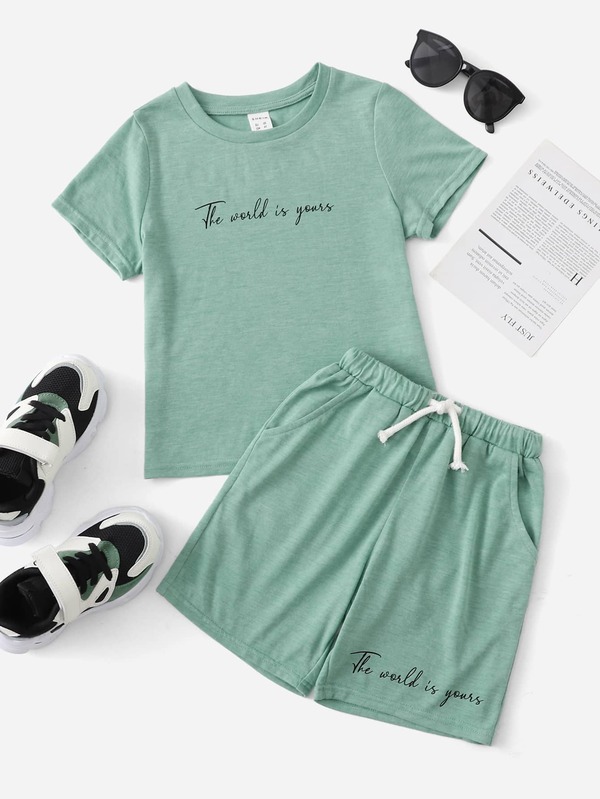 SHEIN 小男童標語袖抽繩睡衣套裝