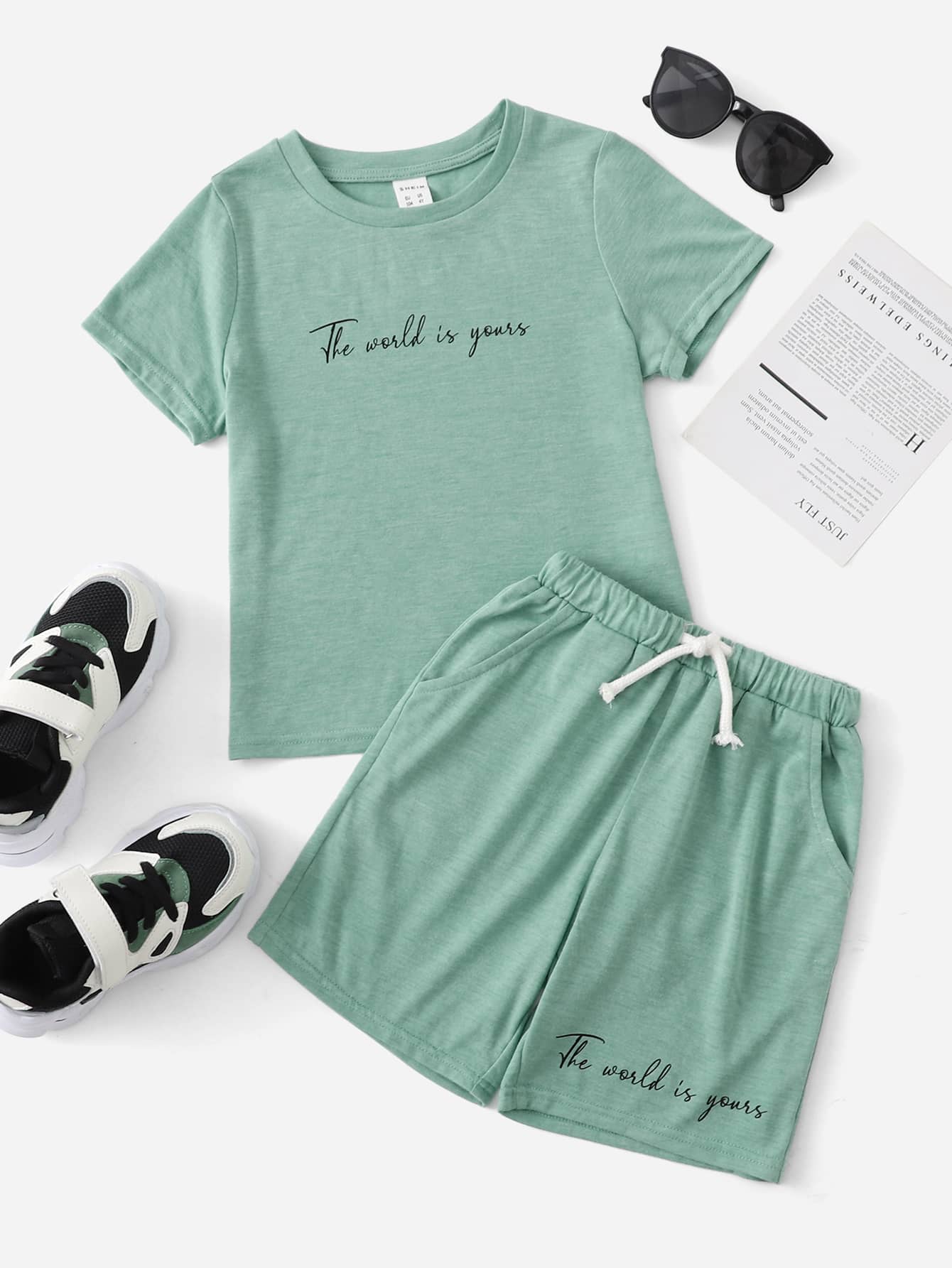 SHEIN 小男童標語袖抽繩睡衣套裝 - 薄荷綠 - 查看 1