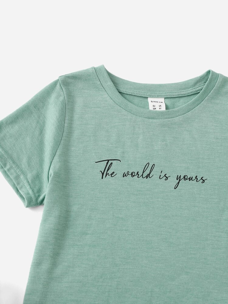 SHEIN 小男童標語袖抽繩睡衣套裝 - 薄荷綠 - 查看 4