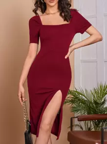 SHEIN Belle Đầm ôm sát đùi cổ vuông màu đỏ tía - Màu Đỏ Sâu - Xem 1