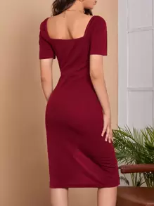 SHEIN Belle Đầm ôm sát đùi cổ vuông màu đỏ tía - Màu Đỏ Sâu - Xem 2