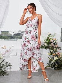 SHEIN Belle 印花交叉領圍裹下擺正式洋裝 - 白色 - 查看 3