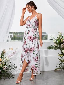 SHEIN Belle 印花交叉領圍裹下擺正式洋裝 - 白色 - 查看 4