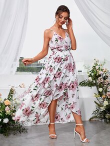 SHEIN Belle 印花交叉領圍裹下擺正式洋裝 - 白色 - 查看 5