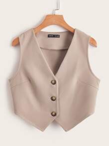SHEIN EZwear Hanky Hem Button Front Vest Blazer - Apricot - View 1