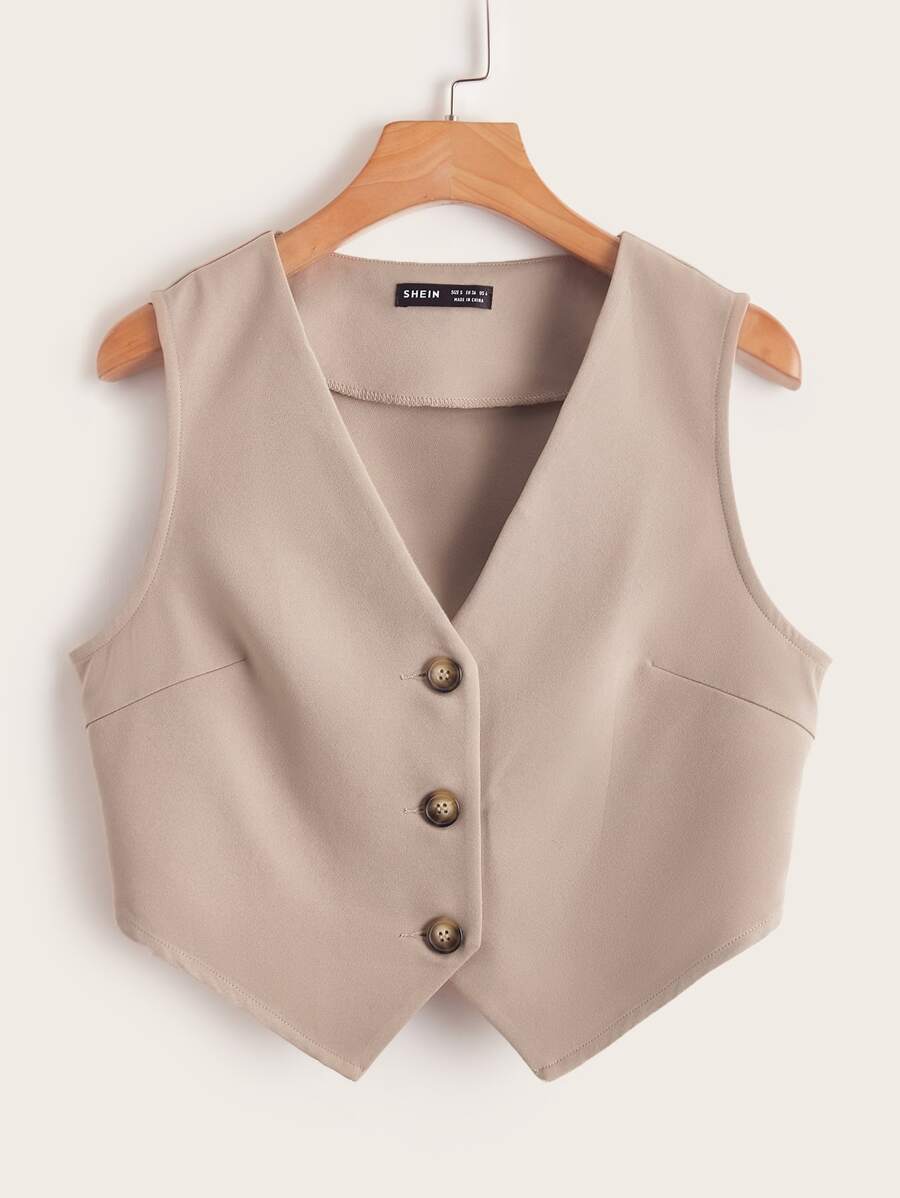 SHEIN EZwear Hanky Hem Button Front Vest Blazer - Apricot - View 1