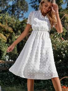 圓點泡泡袖木耳邊領雪紡洋裝 - 白色 - 查看 1