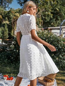 圓點泡泡袖木耳邊領雪紡洋裝 - 白色 - 查看 2