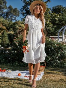 圓點泡泡袖木耳邊領雪紡洋裝 - 白色 - 查看 3