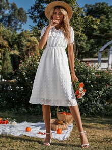 圓點泡泡袖木耳邊領雪紡洋裝 - 白色 - 查看 5