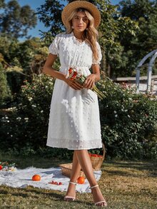 圓點泡泡袖木耳邊領雪紡洋裝 - 白色 - 查看 6