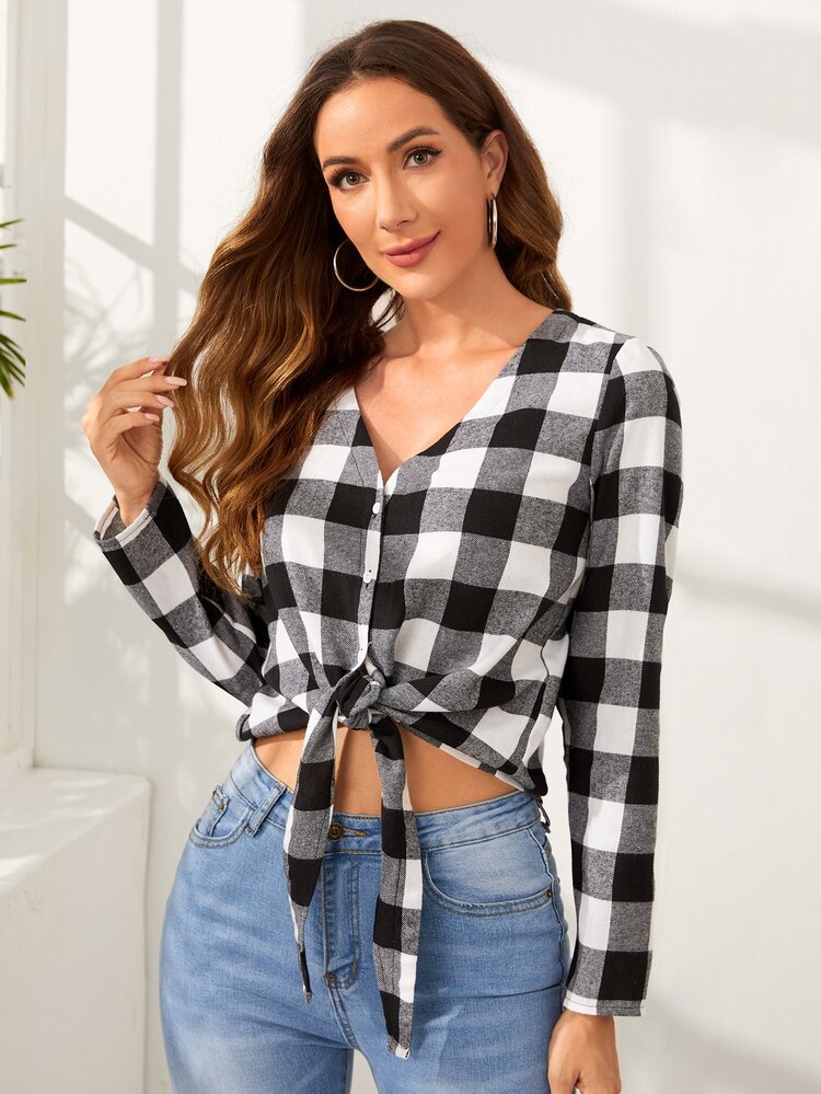SHEIN Gingham Print Knot Hem Blouse - Black and White - View 1