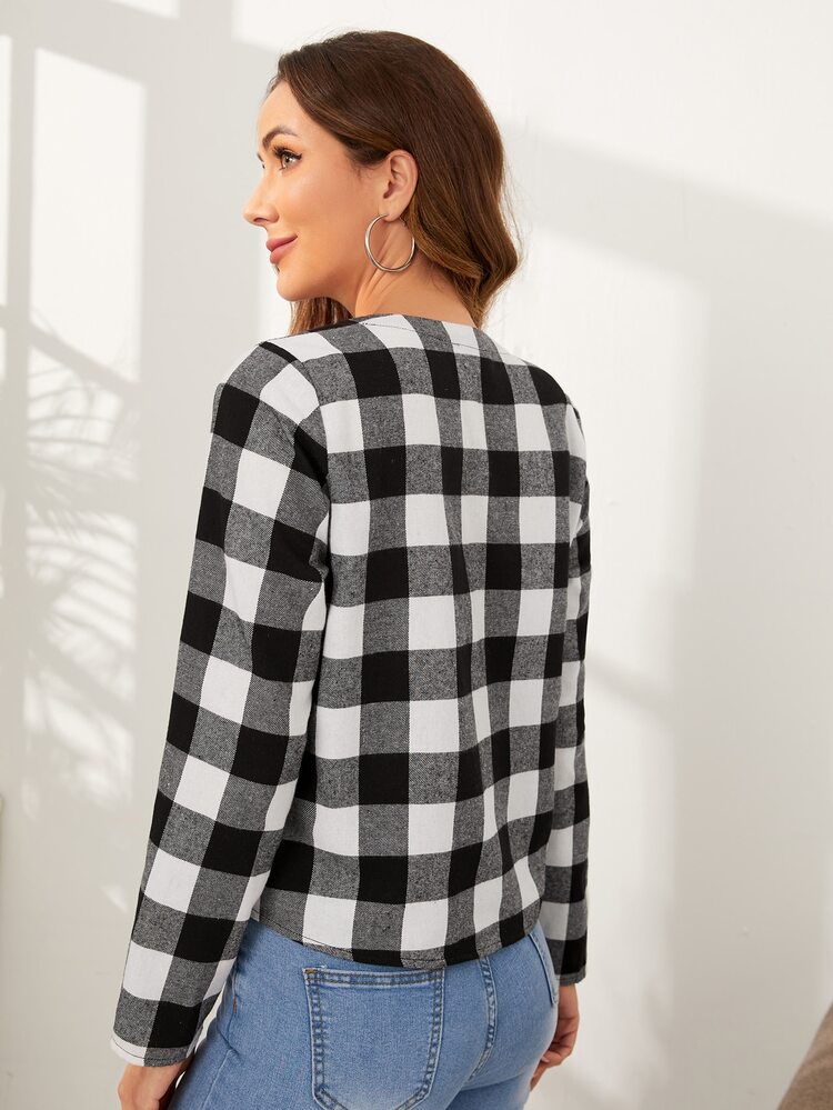 SHEIN Gingham Print Knot Hem Blouse - Black and White - View 2