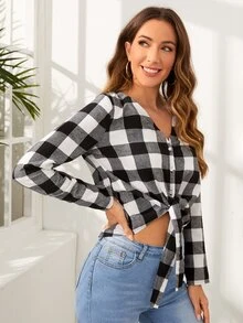 SHEIN Gingham Print Knot Hem Blouse - Black and White - View 4