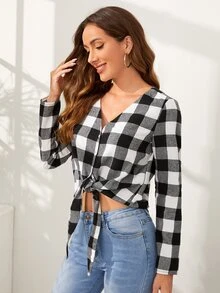 SHEIN Gingham Print Knot Hem Blouse - Black and White - View 5