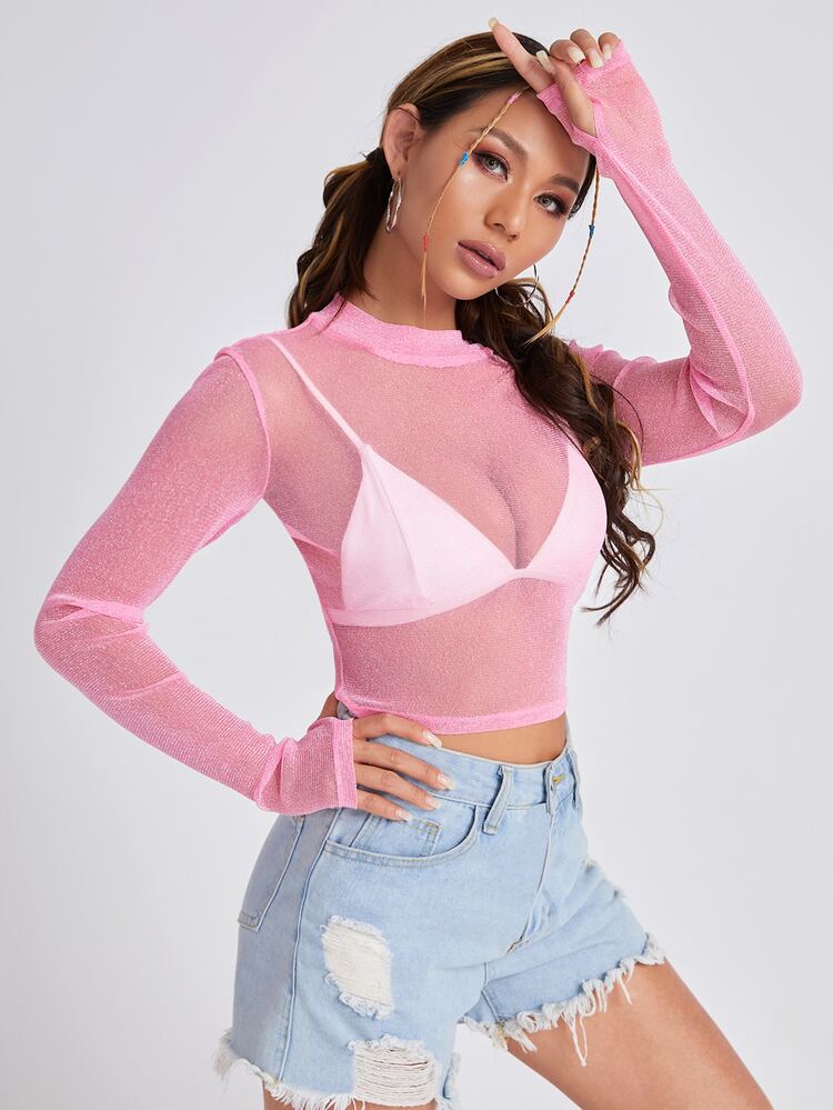 SHEIN BAE Sheer Glitter Mesh Crop Top Without Bra - Baby Pink - View 3
