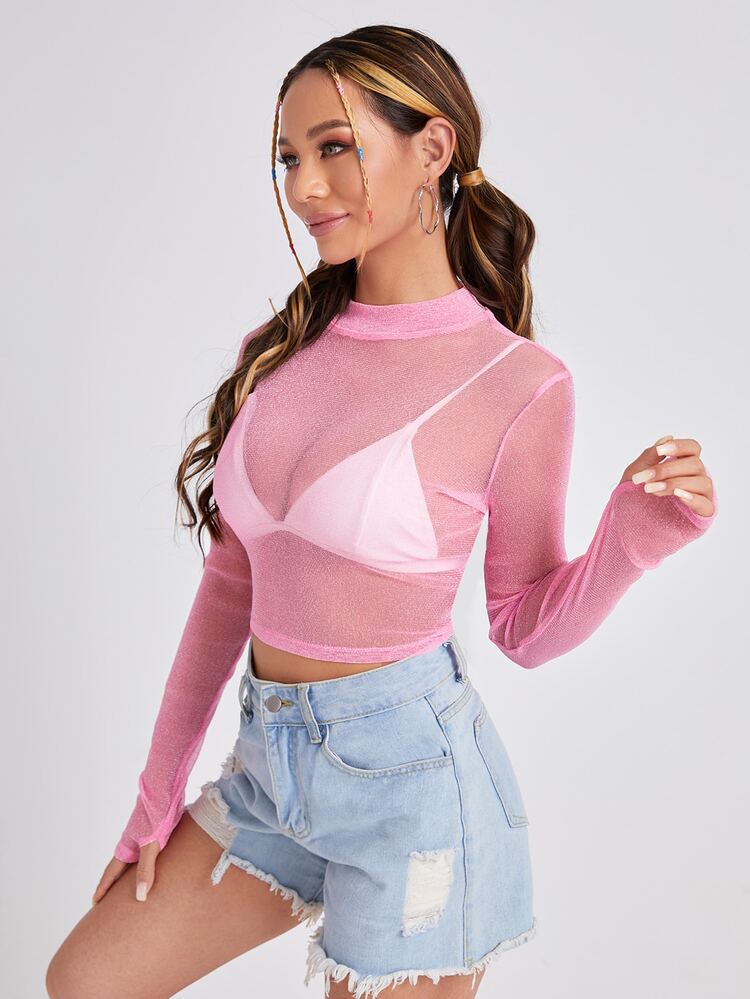 SHEIN BAE Sheer Glitter Mesh Crop Top Without Bra - Baby Pink - View 4