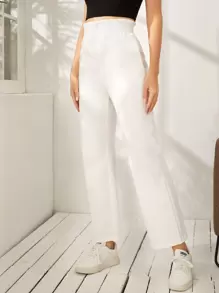 SHEIN Pantalones rectos de cintura con volante - Blanco - Ver 4