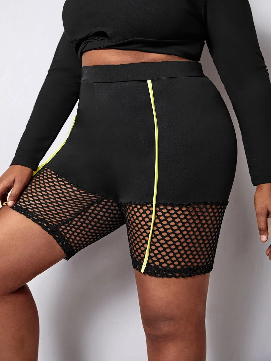 SHEIN SXY Plus Contrast Fishnet Seam Detail Cycling Shorts - Black - View 1