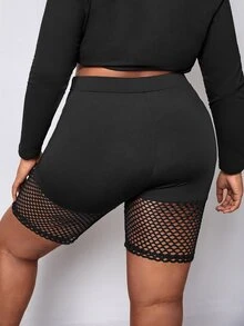 SHEIN SXY Plus Contrast Fishnet Seam Detail Cycling Shorts - Black - View 2