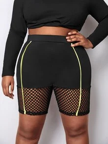 SHEIN SXY Plus Contrast Fishnet Seam Detail Cycling Shorts - Black - View 4