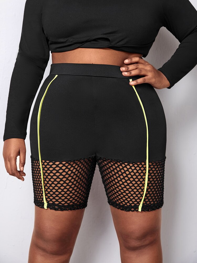 SHEIN SXY Plus Contrast Fishnet Seam Detail Biker Shorts - Black - View 4